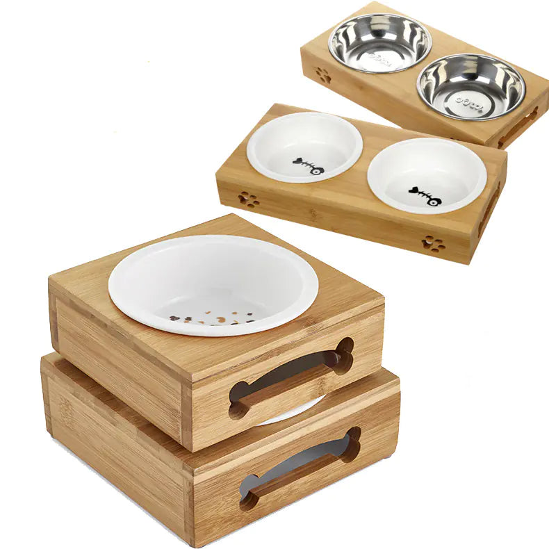 Bamboo and Ceramic Pet Bowl Set with Stainless Steel Base