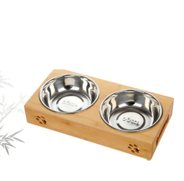 Bamboo and Ceramic Pet Bowl Set with Stainless Steel Base
